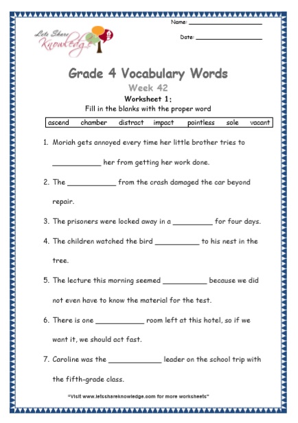 Grade 4 Vocabulary Worksheets Week 42 worksheet 1