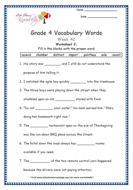 Grade 4: Vocabulary Worksheets Week 42