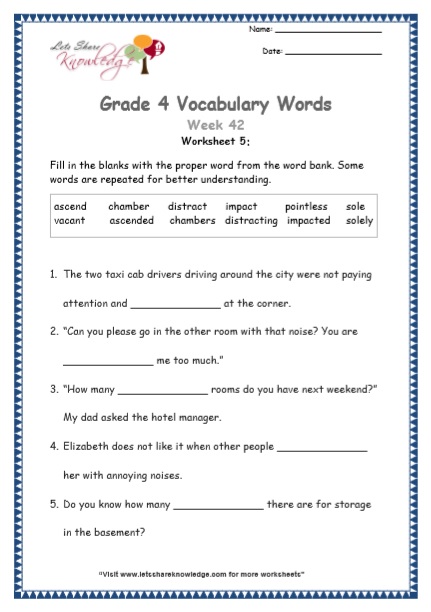  Grade 4 Vocabulary Worksheets Week 42 worksheet 5