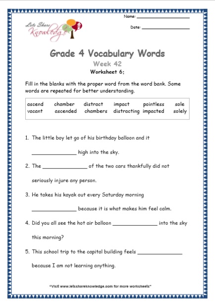  Grade 4 Vocabulary Worksheets Week 42 worksheet 6