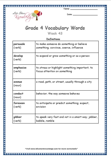 Grade 4 Vocabulary Worksheets Week 43 definitions
