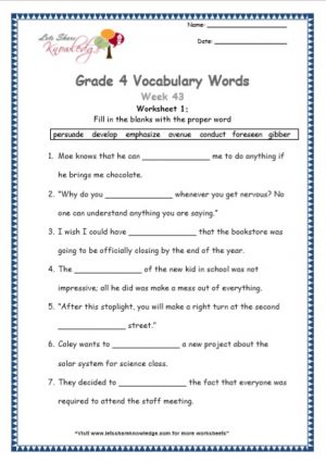 Grade 4: Vocabulary Worksheets Week 43