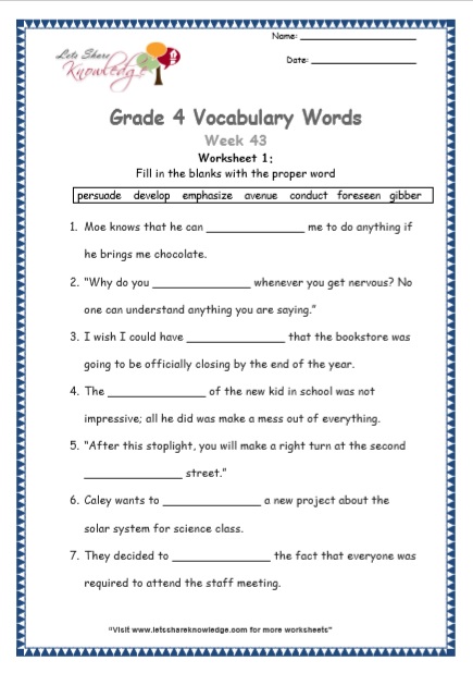 Grade 4 Vocabulary Worksheets Week 43 worksheet 1