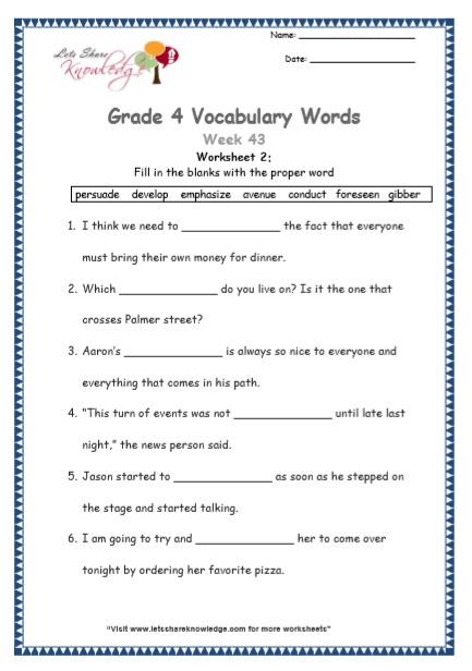 Grade 4 Vocabulary Worksheets Week 43 worksheet 2