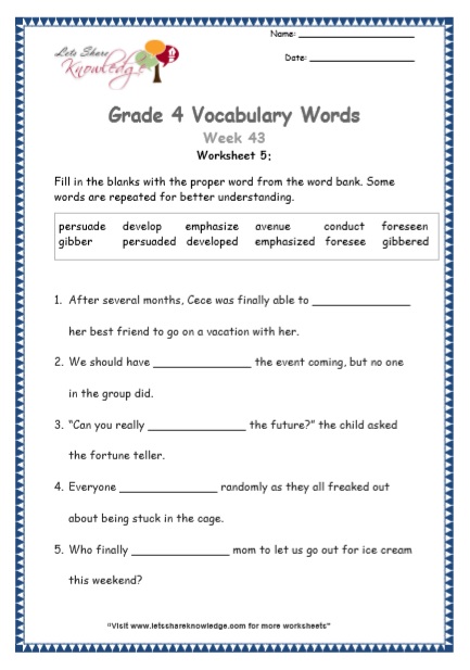  Grade 4 Vocabulary Worksheets Week 43 worksheet 5