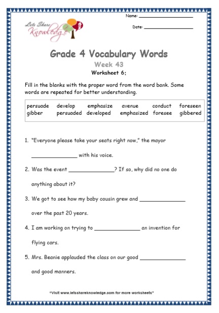  Grade 4 Vocabulary Worksheets Week 43 worksheet 6