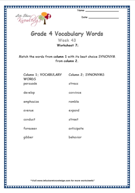  Grade 4 Vocabulary Worksheets Week 43 worksheet 7