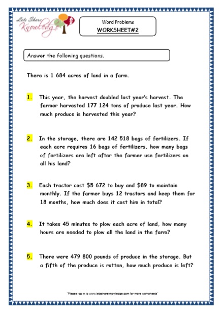 grade 5 maths resources word problems printable worksheets lets share knowledge
