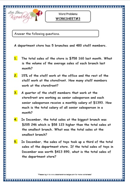 Grade 5 Maths Resources Word Problems Printable Worksheets Lets 