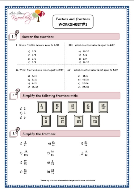  Factors and Fractions Printable Worksheets Worksheet
