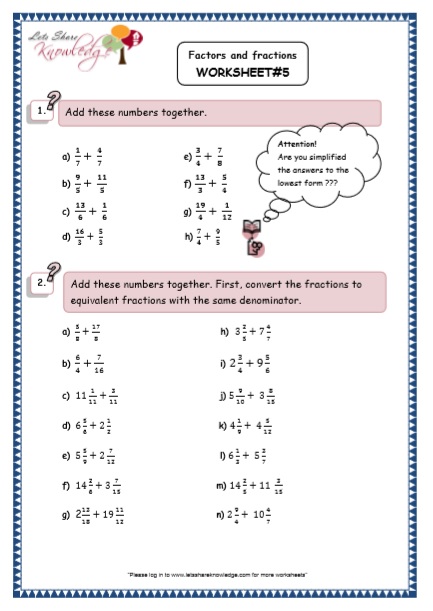Grade 5 Maths Resources (Factors and Fractions Printable Worksheets)