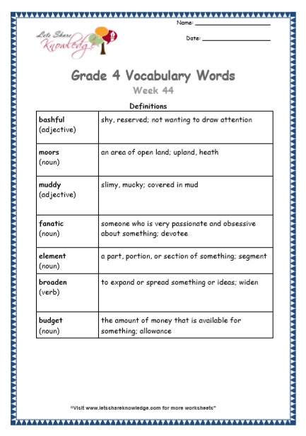 Grade 4 Vocabulary Worksheets Week 44 definitions