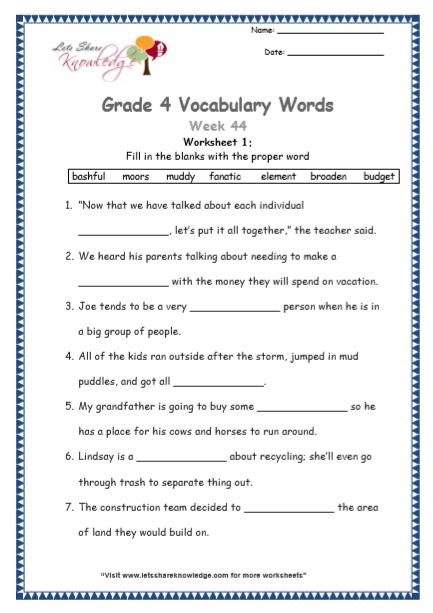 Grade 4 Vocabulary Worksheets Week 44 worksheet 1