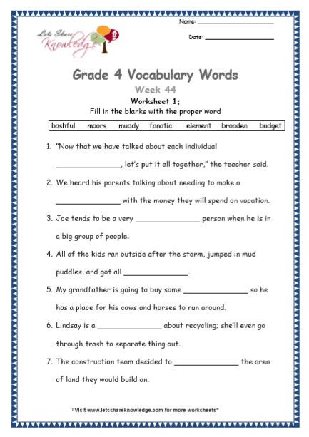 grade 4 vocabulary worksheets week 44 lets share knowledge