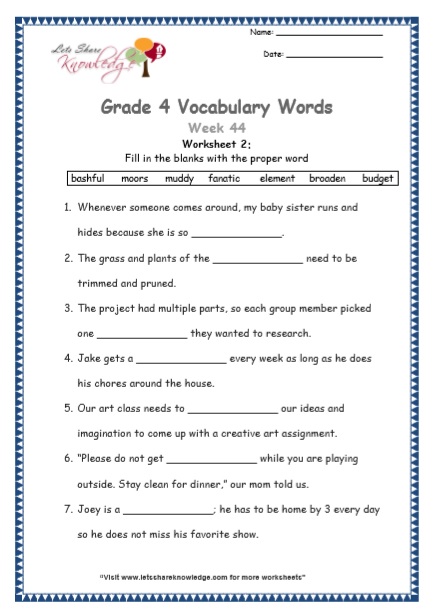 Grade 4: Vocabulary Worksheets Week 44