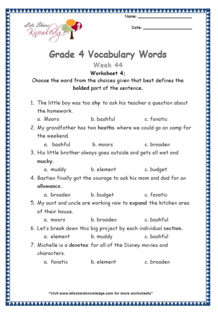  Grade 4 Vocabulary Worksheets Week 44 worksheet 4