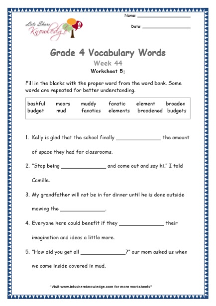  Grade 4 Vocabulary Worksheets Week 44 worksheet 5