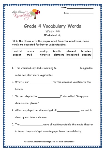  Grade 4 Vocabulary Worksheets Week 44 worksheet 6