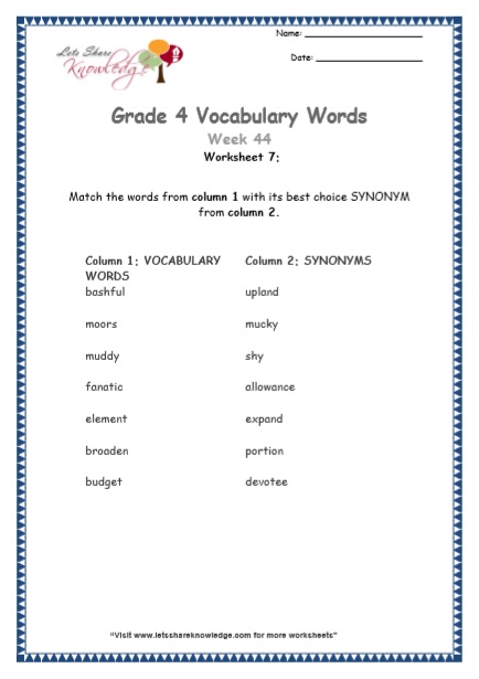  Grade 4 Vocabulary Worksheets Week 44 worksheet 7