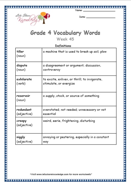 Grade 4 Vocabulary Worksheets Week 45 definitions