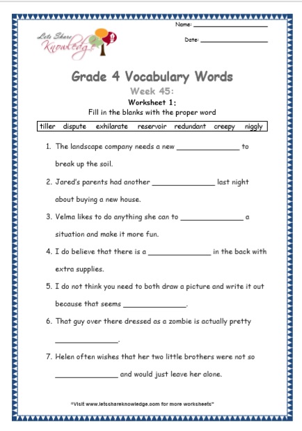 Grade 4 Vocabulary Worksheets Week 45 worksheet 1