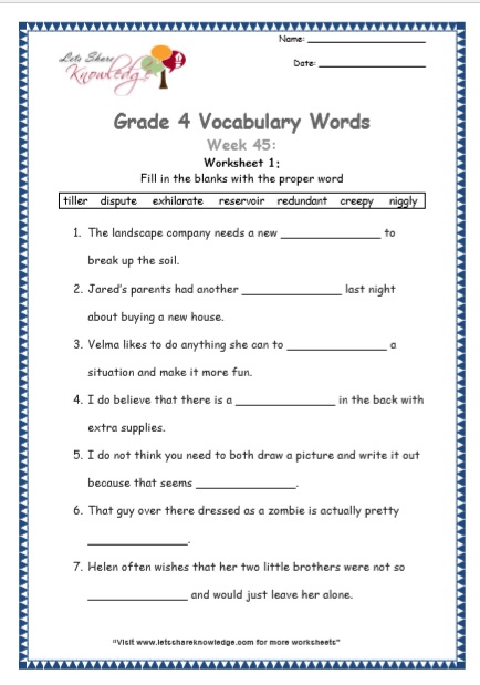 grade 4 vocabulary worksheets week 45 lets share knowledge