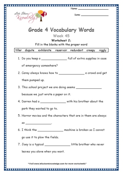 Grade 4 Vocabulary Worksheets Week 45 worksheet 2