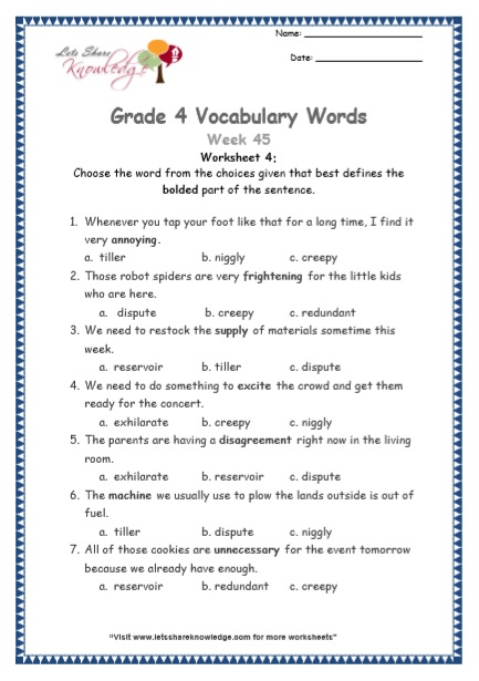  Grade 4 Vocabulary Worksheets Week 45 worksheet 4