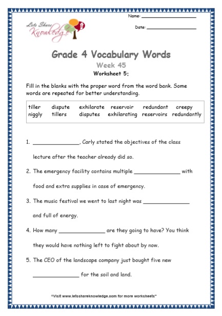  Grade 4 Vocabulary Worksheets Week 45 worksheet 5