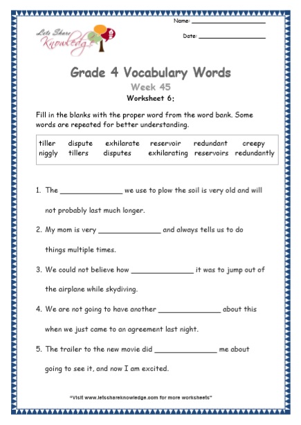  Grade 4 Vocabulary Worksheets Week 45 worksheet 6