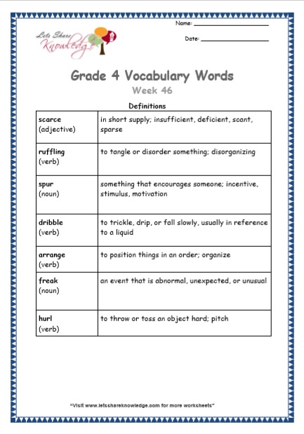 Grade 4 Vocabulary Worksheets Week 46 definitions