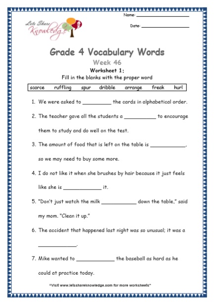 Grade 4 Vocabulary Worksheets Week 46 worksheet 1