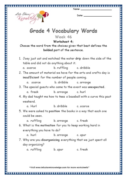  Grade 4 Vocabulary Worksheets Week 46 worksheet 4