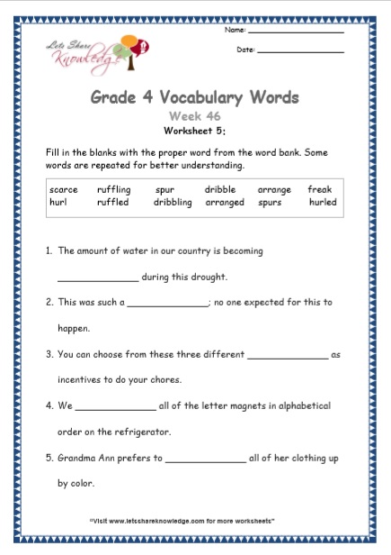 Grade 4: Vocabulary Worksheets Week 46