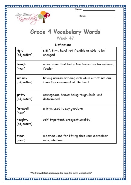 Grade 4 Vocabulary Worksheets Week 47 definitions