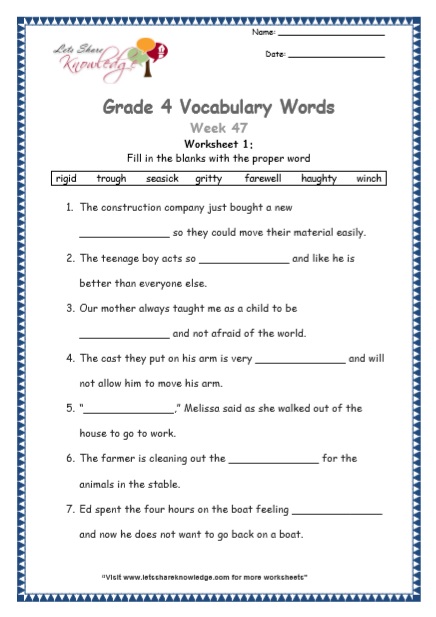 Grade 4: Vocabulary Worksheets Week 47