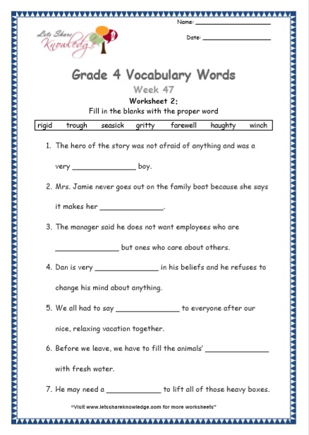 Grade 4 Vocabulary Worksheets Week 47 worksheet 2