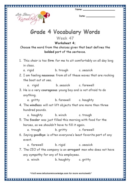  Grade 4 Vocabulary Worksheets Week 47 worksheet 4