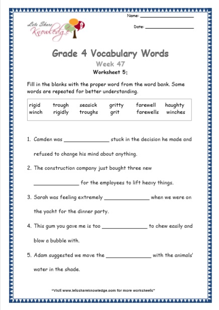 Grade 4 Vocabulary Worksheets Week 47 worksheet 5
