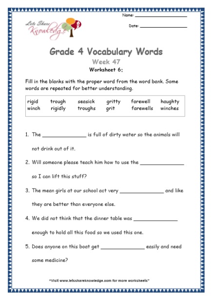  Grade 4 Vocabulary Worksheets Week 47 worksheet 6