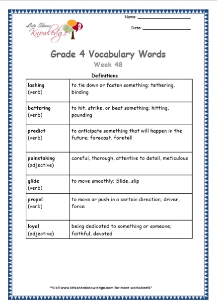 Grade 4 Vocabulary Worksheets Week 48 definitions