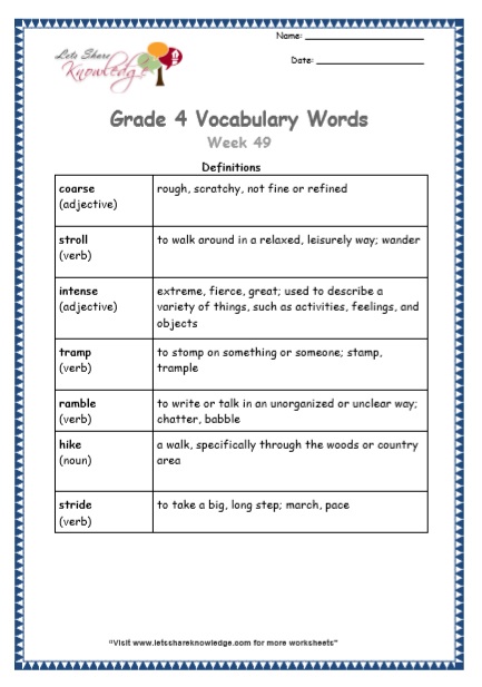 Grade 4 Vocabulary Worksheets Week 49 definitions