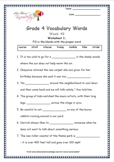 Grade 4 Vocabulary Worksheets Week 49 worksheet 1