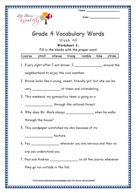 Grade 4 Vocabulary Worksheets Week 49 worksheet 2
