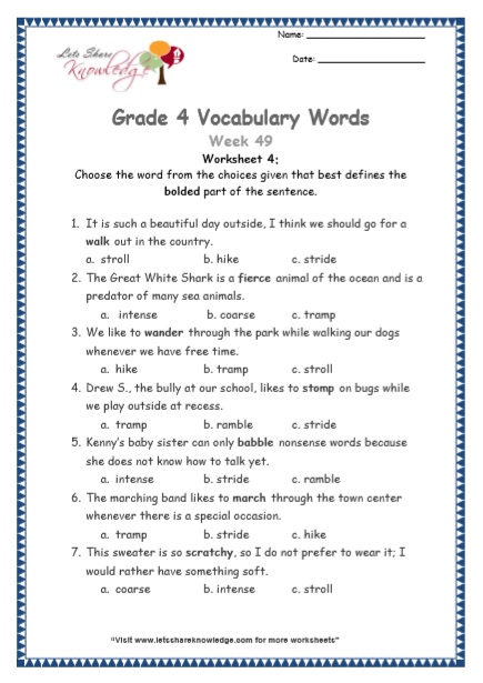  Grade 4 Vocabulary Worksheets Week 49 worksheet 4