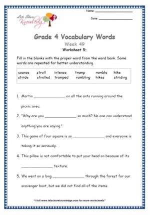 Grade 4: Vocabulary Worksheets Week 49