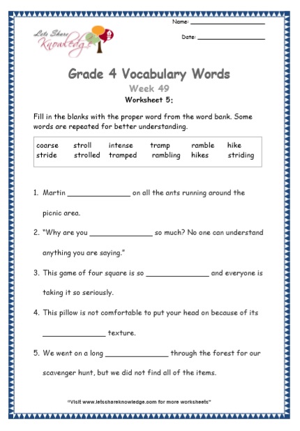 Grade 4: Vocabulary Worksheets Week 49