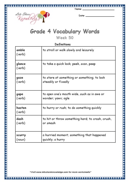 Grade 4 Vocabulary Worksheets Week 50 definitions