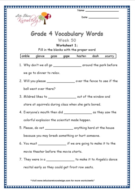 Grade 4 Vocabulary Worksheets Week 50 worksheet 1