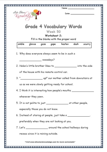 grade 4 vocabulary worksheets week 50 lets share knowledge